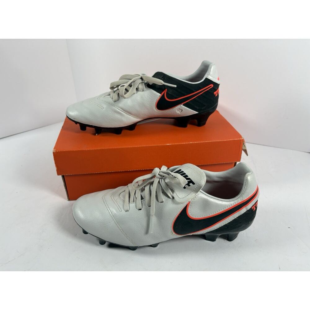 Nike Tiempo Mystic V FG Men's Leather Soccer Cleats Platinum Black Orange US 7.5